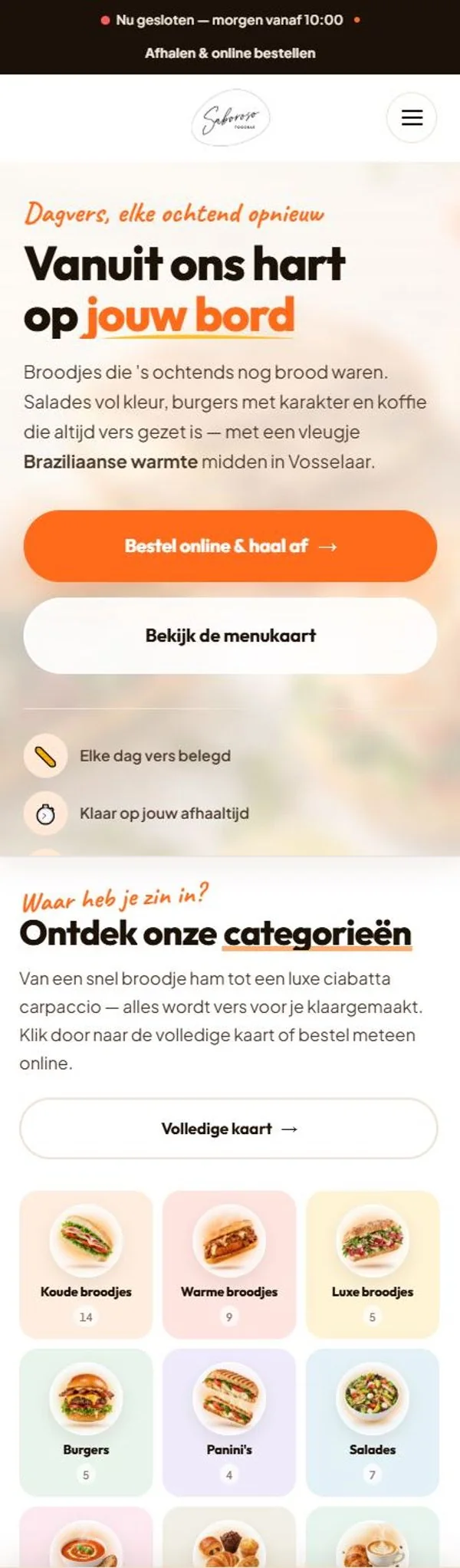 Mobiele website van Saboroso Foodbar met de knop Bestel online en haal af, en de categorieën van de menukaart zoals broodjes, burgers en salades