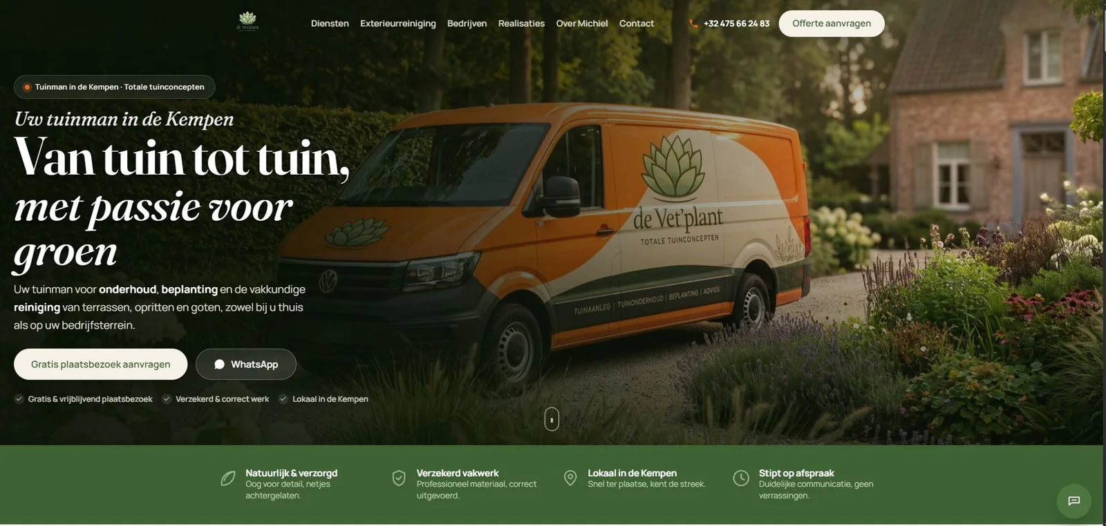 Homepage van De Vet'plant: de bestelwagen met logo voor een Kempens huis met tuin, en de knop Gratis plaatsbezoek aanvragen