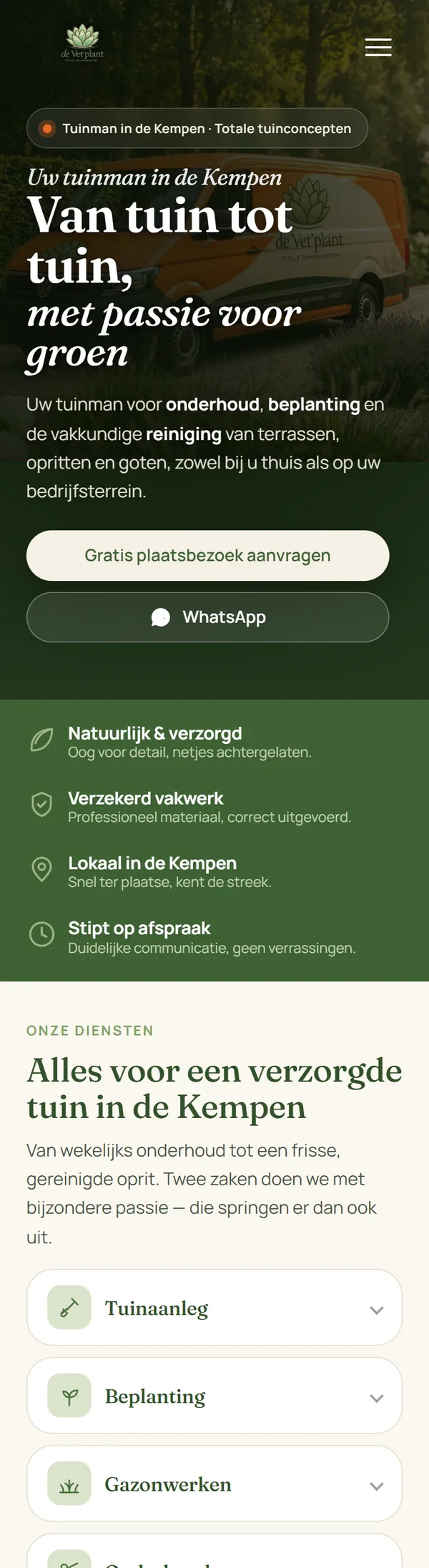 Mobiele website van De Vet'plant op een smartphone met de titel Van tuin tot tuin, met passie voor groen